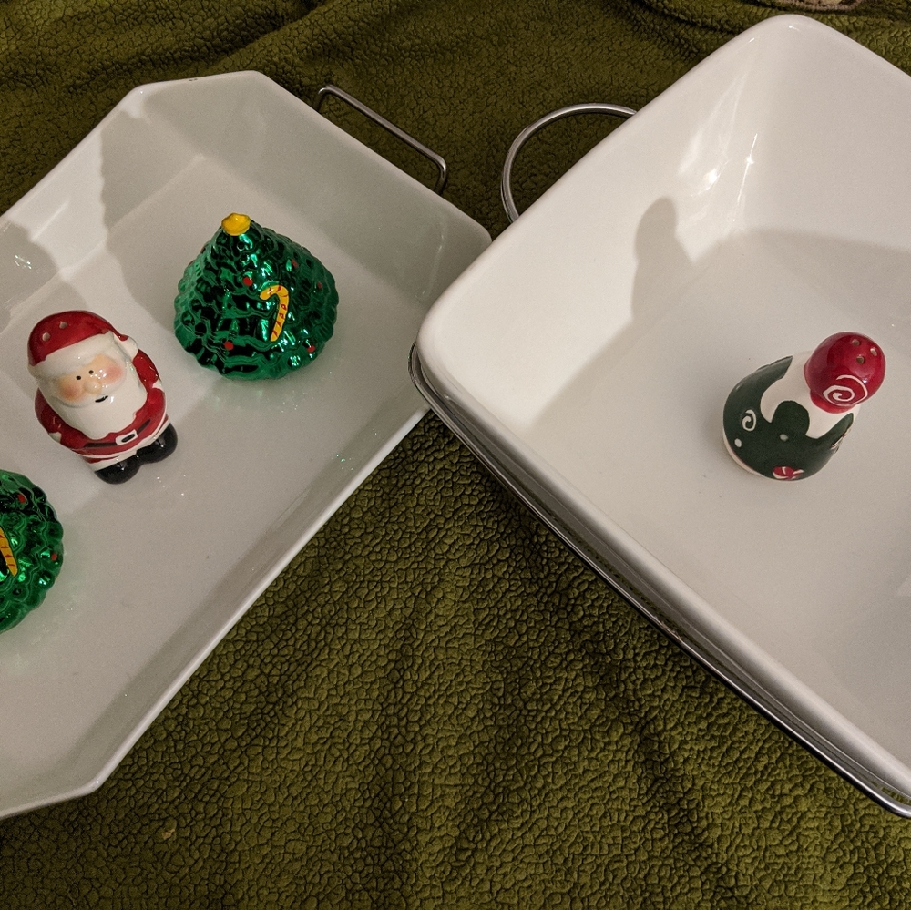 White ceramic serving dishes w metal stands & hndl